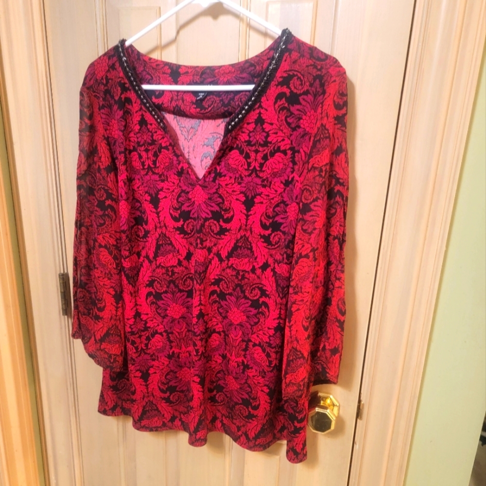 Womens Plus Sz 2X Roz & Ali Red And Black Beaded Flowy Sleeves Shirt